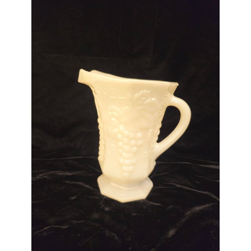 Vintage Milk Glass Pitcher With Embossed Grape Vine Design & Hexagonal Base